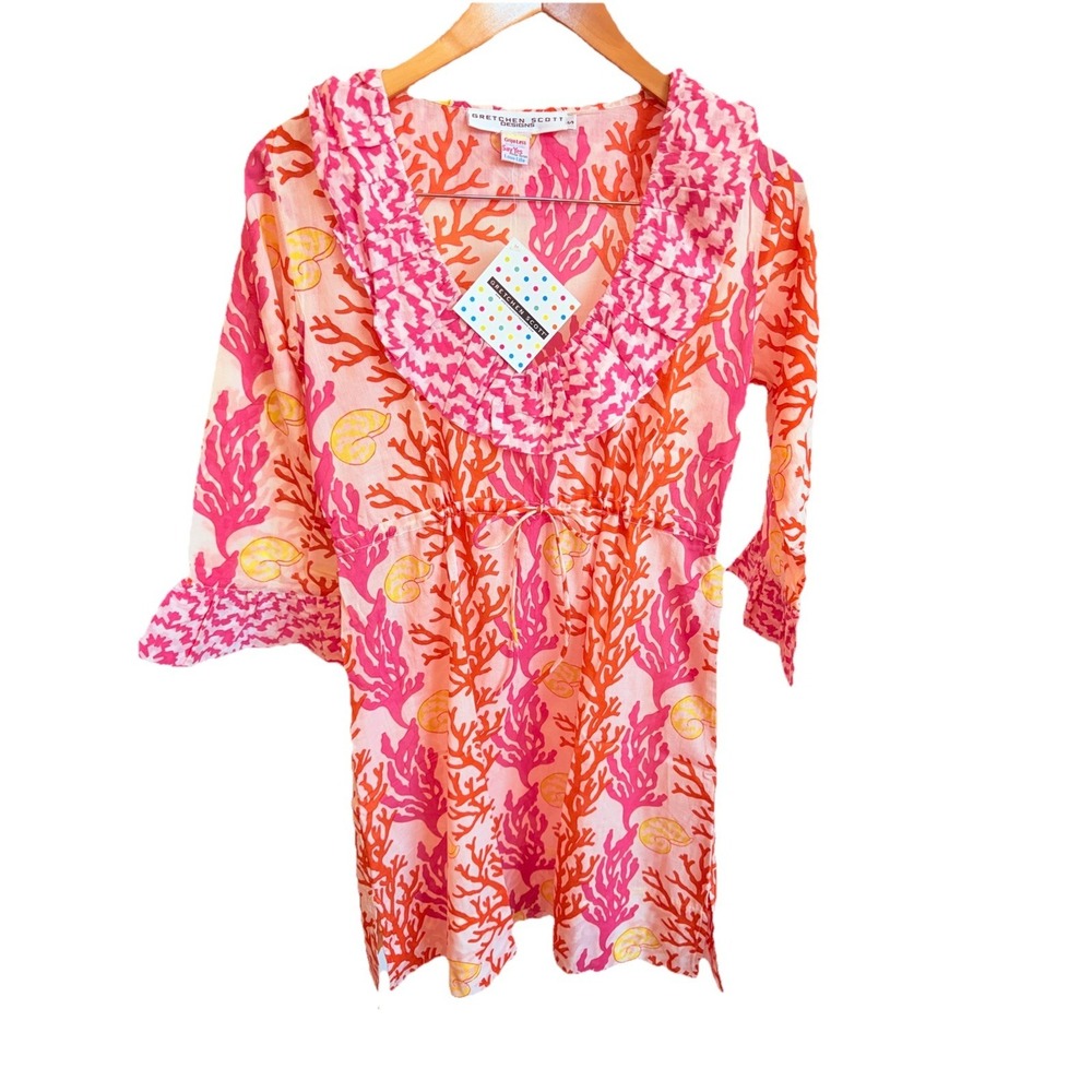 NWT Gretchen Scott Tunic Dress Orange Pink Cotton Resort Beach Swim Coverup Sz S